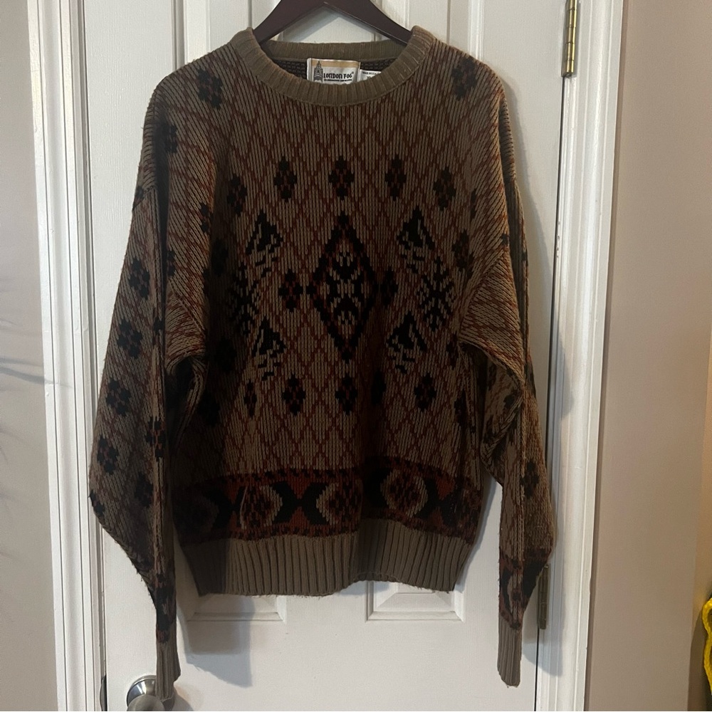 London Fog Beige and Brown Knit Sweater Vintage Made in USA Cosby Sweater 80s